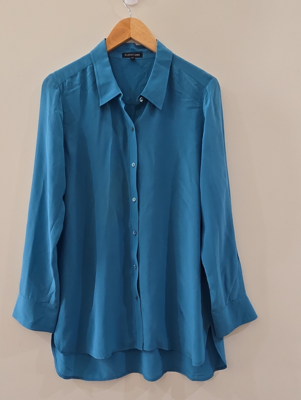 Eileen Fisher Womens Blouse Blue 100% Silk Collared Button-Up Long Sleeve S
